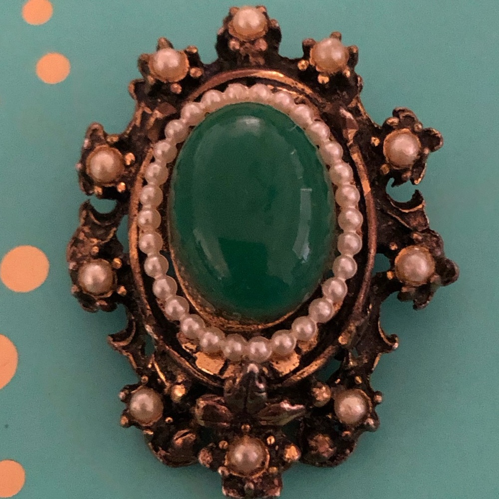 Vintage Brooch - Pearl Bead, Green & Gold Tone, Intricate, 1-1/2”